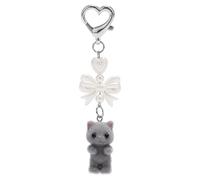 Lindo Llavero de Gato Peludo, Llavero con Dije de Gato Regalo para Amantes de los Gatos Colgante de Lazo de Corazón Llavero de Animal de Peluche para Mujeres Mochila Bolso Adorno (Gris)