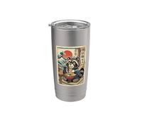 Lindo mapache comiendo fideos ramen - estilo japonés Ukiyo-e Vaso térmico de acero inoxidable de doble pared