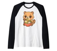 Lindo Mapache Comiendo Ramen Kawaii ilustración Camiseta Manga Raglan
