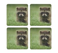 Lindo Mapache de Moda Estampado,Posavasos Cuadrados de Corcho MDF, Almohadilla para Tazas, Juego de 4 Posavasos para Bebidas
