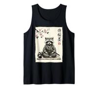 Lindo Mapache samurái Sentado bajo Flores de Cerezo Arte de Tinta Camiseta sin Mangas