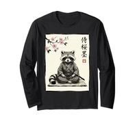 Lindo Mapache samurái Sentado bajo Flores de Cerezo Arte de Tinta Manga Larga