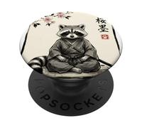Lindo Mapache samurái Sentado bajo Flores de Cerezo Arte de Tinta PopSockets PopGrip Adhesivo