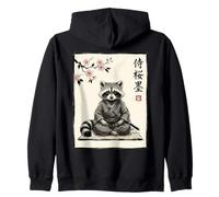 Lindo Mapache samurái Sentado bajo Flores de Cerezo Arte de Tinta Sudadera con Capucha