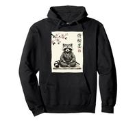 Lindo Mapache samurái Sentado bajo Flores de Cerezo Arte de Tinta Sudadera con Capucha