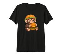 Lindo Mono Comer Hamburguesa gráfico de Dibujos Animados Camiseta Premium