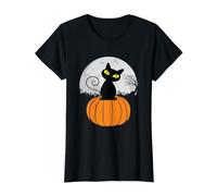 Lindo Negro Gato En Calabaza Llena Luna Divertido Halloween Camiseta gráfica económica, Mujer, Negro, XL