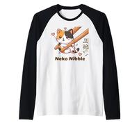 Lindo palillo Kawaii Neko Nibble Calico Cat Meme Camiseta Manga Raglan