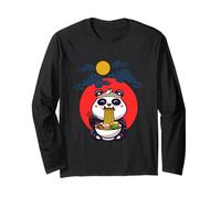 Lindo panda comiendo ramen bajo el cielo iluminado por la luna Manga Larga
