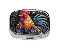 Lindo pastillero cuadrado de gallo, mini organizador de medicamentos de viaje de metal, 2 compartimentos, bolsillo portátil, pequeño estuche de almacenamiento