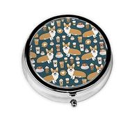 Lindo pastillero de té de leche y mascotas Corgi pequeño de metal, 3 compartimentos, bonito pastillero portátil de viaje, organizador de medicamentos, soporte para bolso y bolsillo