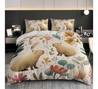 Lindo PatróN de Animal Capibara Funda Nórdica Doble Juego De Ropa De Cama 240x220 cm Cama 150 cm Flores Microfibra Cepillada Suave Fundas Nórdicas para Niños Adulto Adolescente