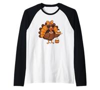 Lindo Pavo de Acción de Gracias Bebiendo café Amante Mujeres niñas Camiseta Manga Raglan