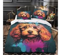 Lindo perro caniche Funda de Edredón Impresión 3D 3 Piezas Microfibra Suave Cierre de Cremallera Oculta con Fundas de Almohada Lavables Digital colorido Funda Edredon for niños Single（140x200cm）