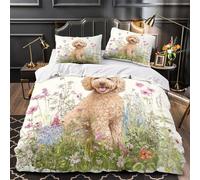Lindo perro caniche Funda de Edredón Suave Estampado 3D 3 Piezas Cierre de Cremallera Oculta con Fundas de Almohada Ilustración de jardín en acuarela Funda Edredon for familia Single（140x200cm）