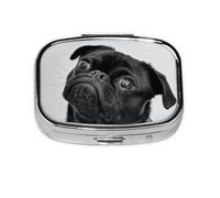 Lindo perro carlino negro, pastillero con 2 compartimentos, organizador portátil