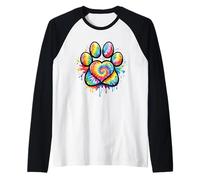 Lindo Perro Huella Amor Tie Dye corazón Arco Iris Acuarela Camiseta Manga Raglan