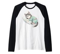 Lindo Perro Husky Siberiano durmiendo en Pijama Arte para Dormir Camiseta Manga Raglan