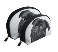 Lindo Perro Pug Negro, Bolsa de Maquillaje de Concha, Monedero pequeño para Mujer, Bolsa de artículos de tocador, Bolsa de cosméticos, 2 Piezas