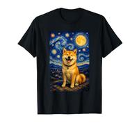 Lindo Perro Shiba bajo la Luna Amante de Mascotas Van Gogh Noche Estrellada Camiseta