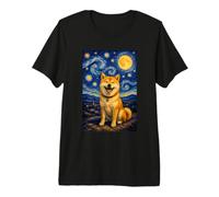 Lindo Perro Shiba bajo la Luna Amante de Mascotas Van Gogh Noche Estrellada Camiseta Premium