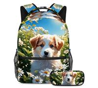 Lindo perro y flor aumenta tu confianza con el moderno juego de mochila escolar de 2 piezas, multicolor, B：29.4x20x40cm P：19x7.5x3.8cm, Mochilas de día