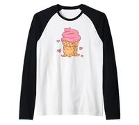 Lindo Personaje de Cono de Hielo, Corazones Rosados, Adorable Kawaii Camiseta Manga Raglan