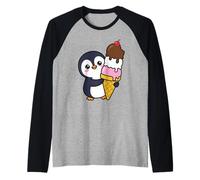 Lindo pingüino Abrazando Helado Cono Kawaii Dibujos Animados Dulce Arte Camiseta Manga Raglan