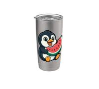 Lindo pingüino comiendo sandía rebanada de dibujos animados Vaso térmico de acero inoxidable de doble pared