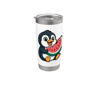 Lindo pingüino comiendo sandía rebanada de dibujos animados Vaso térmico de acero inoxidable de doble pared