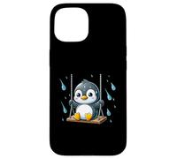 Lindo pingüino en columpio en lluvia divertido animal de dibujos animados Carcasa para iPhone 15