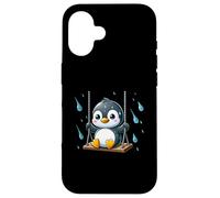 Lindo pingüino en columpio en lluvia divertido animal de dibujos animados Carcasa para iPhone 16