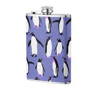 Lindo pingüino morado,Frasco de acero inoxidable 304 de 8 oz con funda de cuero sintético, frasco de bolsillo para licor plano para exteriores