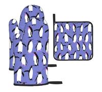 Lindo pingüino Morado, Guantes de Cocina Resistentes al Calor, Manoplas y agarraderas (Juego de 3 Piezas)