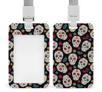 Lindo portatarjetas de plástico con diseño de calaveras moradas del Día de Muertos, funda para credencial con cordón desmontable, estuche protector vertical para tarjetas, ideal para enfermeras, maest