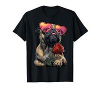 Lindo Pug con Corazón Gafas Rosa Flor Día de San Valentín Perro Camiseta