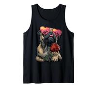 Lindo Pug con Corazón Gafas Rosa Flor Día de San Valentín Perro Camiseta sin Mangas