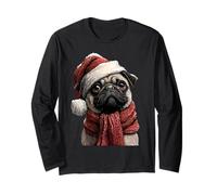 Lindo Pug con Sombrero de Papá Noel nevado Invierno Navidad Perro Manga Larga