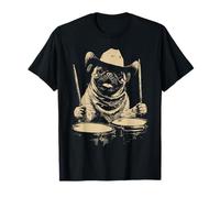 Lindo Pug Tocando Tambores Divertido Perro Cowboy Western Drummer Camiseta