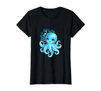 Lindo Pulpo Dibujos Animados Verde Azulado Azul Mar Bajo Camiseta