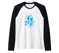 Lindo Pulpo Dibujos Animados Verde Azulado Azul Mar Bajo Camiseta Manga Raglan