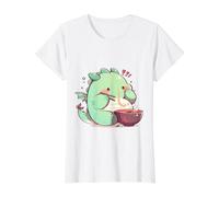 Lindo Ramen Chibi T-Rex Comiendo con Palillos Arte Adorable Camiseta gráfica económica, Mujer, Blanco, M