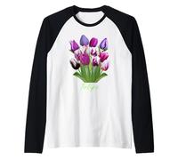 Lindo ramo de tulipanes morado, blanco y azul primavera floral Camiseta Manga Raglan