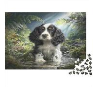 Lindo Rompecabezas de Perro para Adultos: Spaniel en un Arroyo del Bosque. Juego desafiante y acertijo para Decorar Paredes. 52 x 38 cm (1000 Piezas).