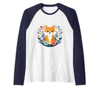 Lindo Shiba Inu Peludo Amigo Perro Patas Bonita Flor Floral Camiseta Manga Raglan