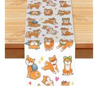 Lindo Shiba Inu y Divertido patrón de Perro,Camino de Mesa de Lino sintético para el hogar, Fiestas, comedores, 33 x 183 cm