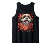 Lindo Shih Tzu con Rosas Rojas Corazones día de San Valentín Perro Camiseta sin Mangas