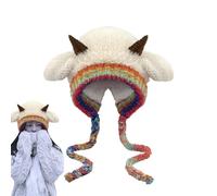 lindo sombrero con capucha de cuernos de oveja, sombrero tejido con forma de oreja de oveja | Gorro de punto con diseño de animales - Gorro de invierno con personaje animal y protección para los oídos