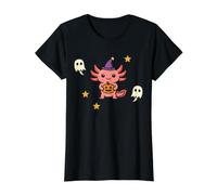 Lindo Sombrero de Bruja ajolote de Halloween Calabaza Fantasma Kawaii Camiseta gráfica económica, Mujer, Negro, XS