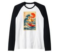 Lindo Surfing Shiba Inu Perro Gran Ola Kanagawa Ukiyo-E Arte Camiseta Manga Raglan